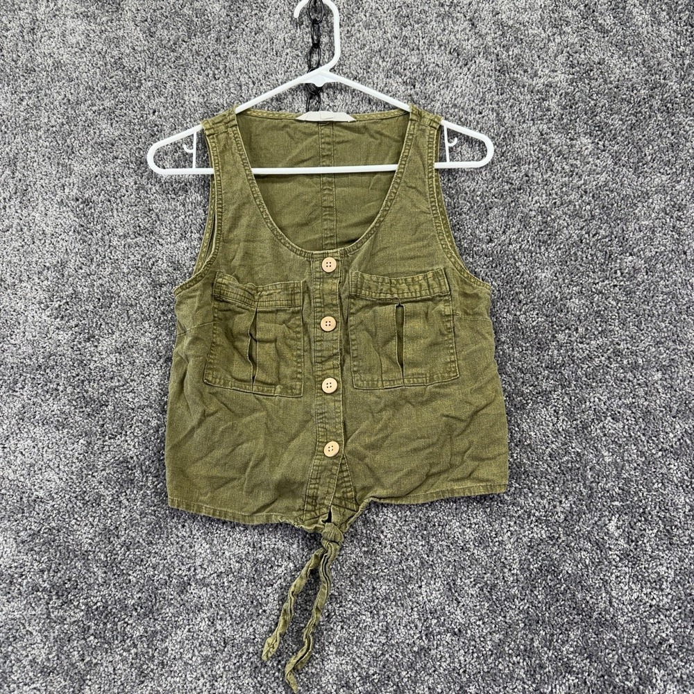 Vanilla Star Shirt Juniors Small Green Sleeveless Button Front Tie Hem Cropped